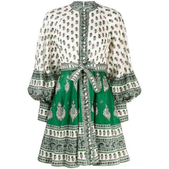 Zimmermann Amari Emerald Paisley Linen Mini Dress Size 0 US 2 Zimmermann Amari Emerald Paisley Linen Mini Dress Size 0 US 2